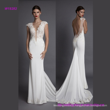 Open Back Deep V Neck Sheath Wedding Dress with Sweep Train